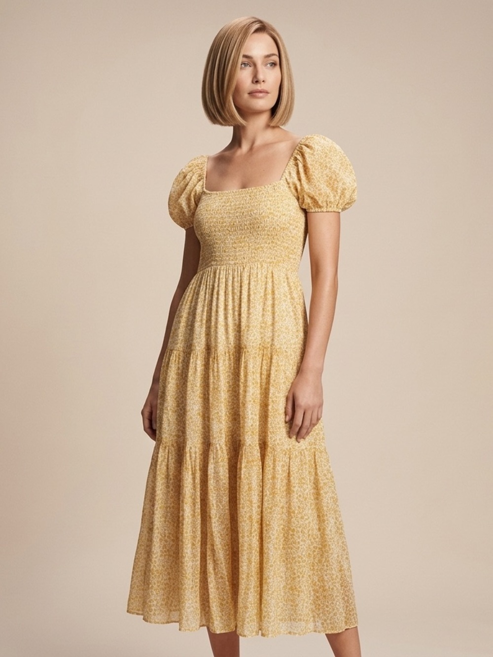 Billabong Yellow Puff-Sleeve Smocked Tiered Midi Dress